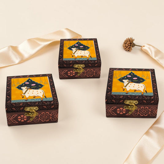Handcrafted Wooden Jewellery Box Copper Metal Finish (4 x 4 inch) Pack of 3 | Oxidized Pichwai Cow Design | Decorative Organizer | Storage Box for Women Puja Festive Gifting | Marigold Gold