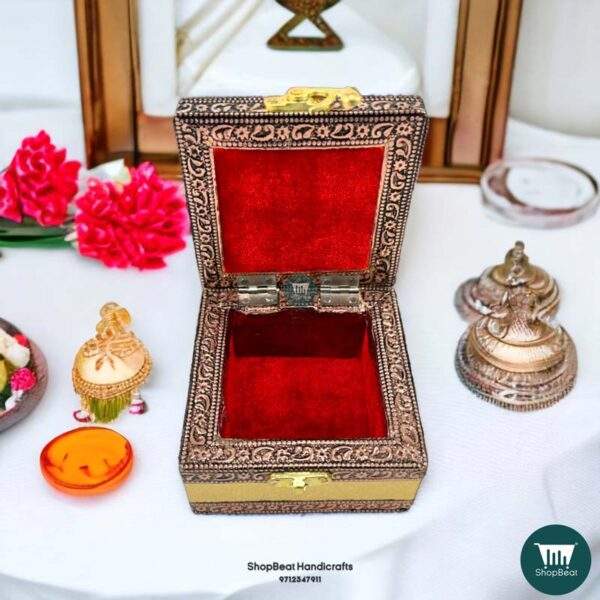 ShopBeat Copper Oxidised Velvet Wooden Pooja Box Small Jewellery Box 4x4 Inches