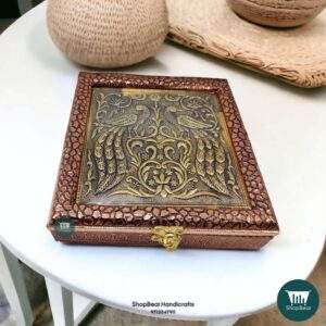 ShopBeat Copper Oxidised Double Peacock Wooden Dryfruit Box 8x8