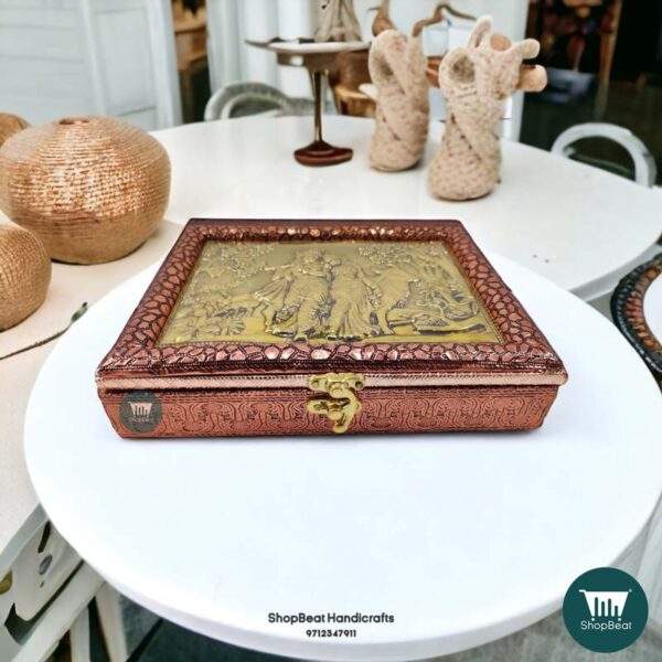 ShopBeat Copper Oxidised Radhe Krishna Wooden Dryfruit Box 9x7 inches
