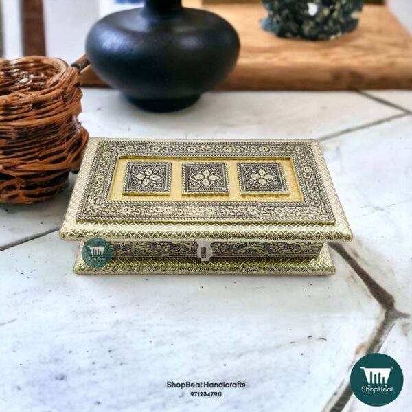 ShopBeat German Oxidised Trio Flower Wooden Dry fruit Box 9x5 inch