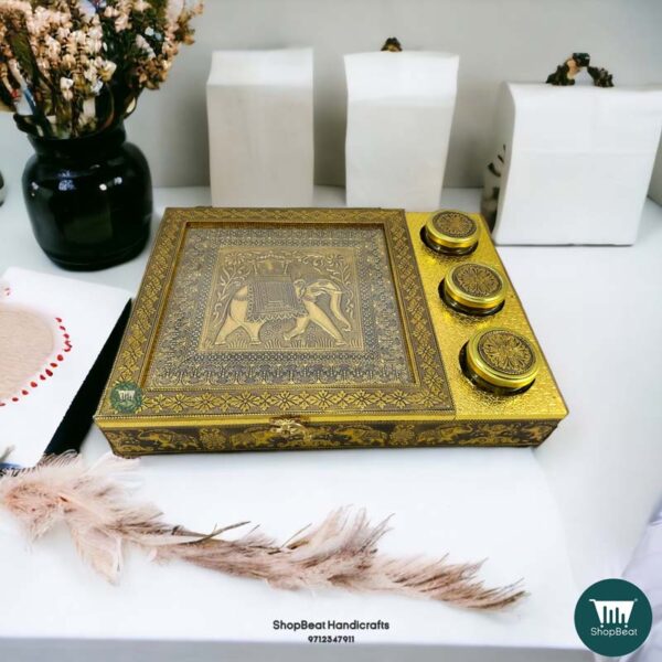ShopBeat Golden Oxidised Elephant Design Wooden Dry Fruit Box With 3 Glass Jar 16x12 inch