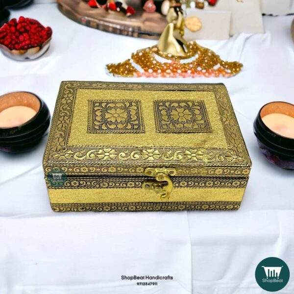 ShopBeat Golden Oxidised Velvet Wooden Pooja Box / Small Jewellery Box 5x7 Inches