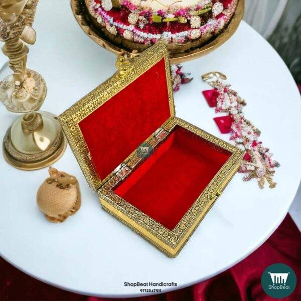 ShopBeat Golden Oxidised Velvet Wooden Pooja Box / Small Jewellery Box 5x7 Inches