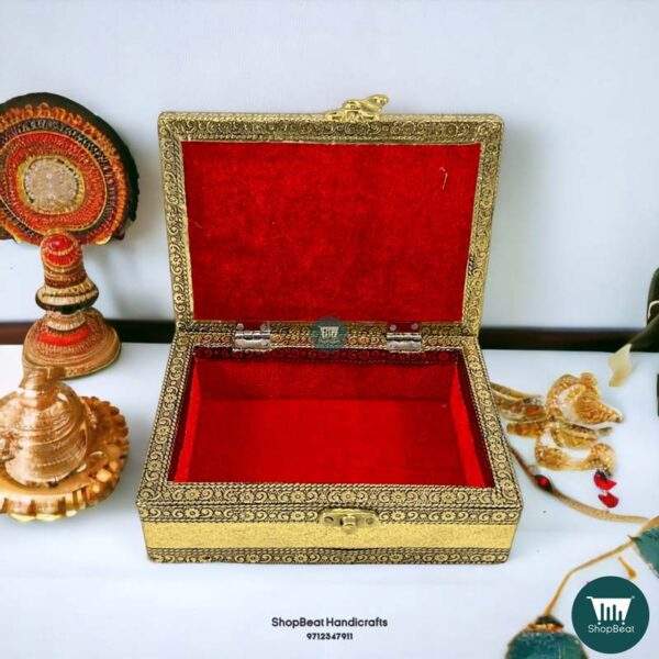 ShopBeat Golden Oxidised Velvet Wooden Pooja Box / Small Jewellery Box 5x7 Inches