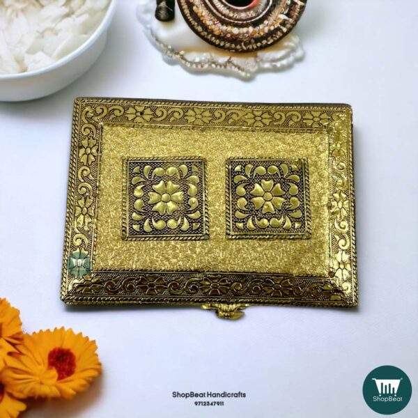 ShopBeat Golden Oxidised Velvet Wooden Pooja Box / Small Jewellery Box 5x7 Inches