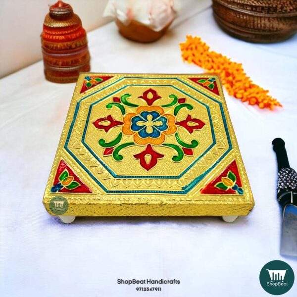 ShopBeat Golden Oxidised Flower Wooden Pooja Chowki 5x5 Inches
