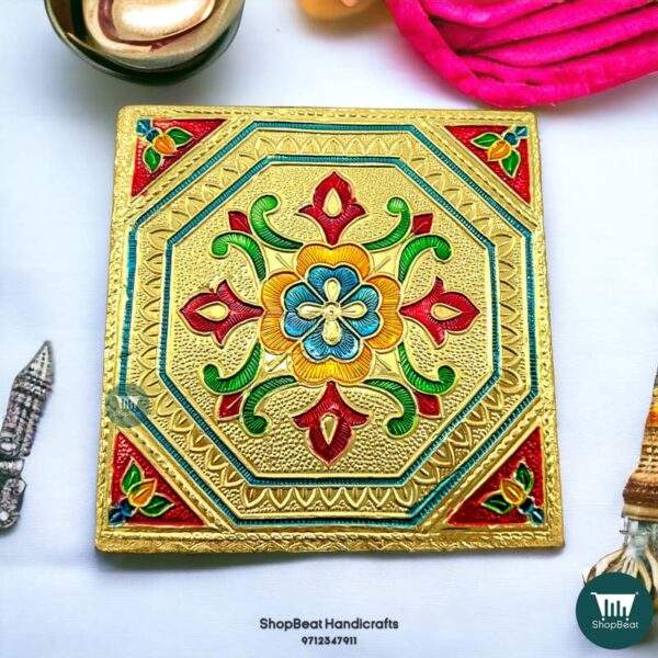 ShopBeat Golden Oxidised Flower Wooden Pooja Chowki 5x5 Inches